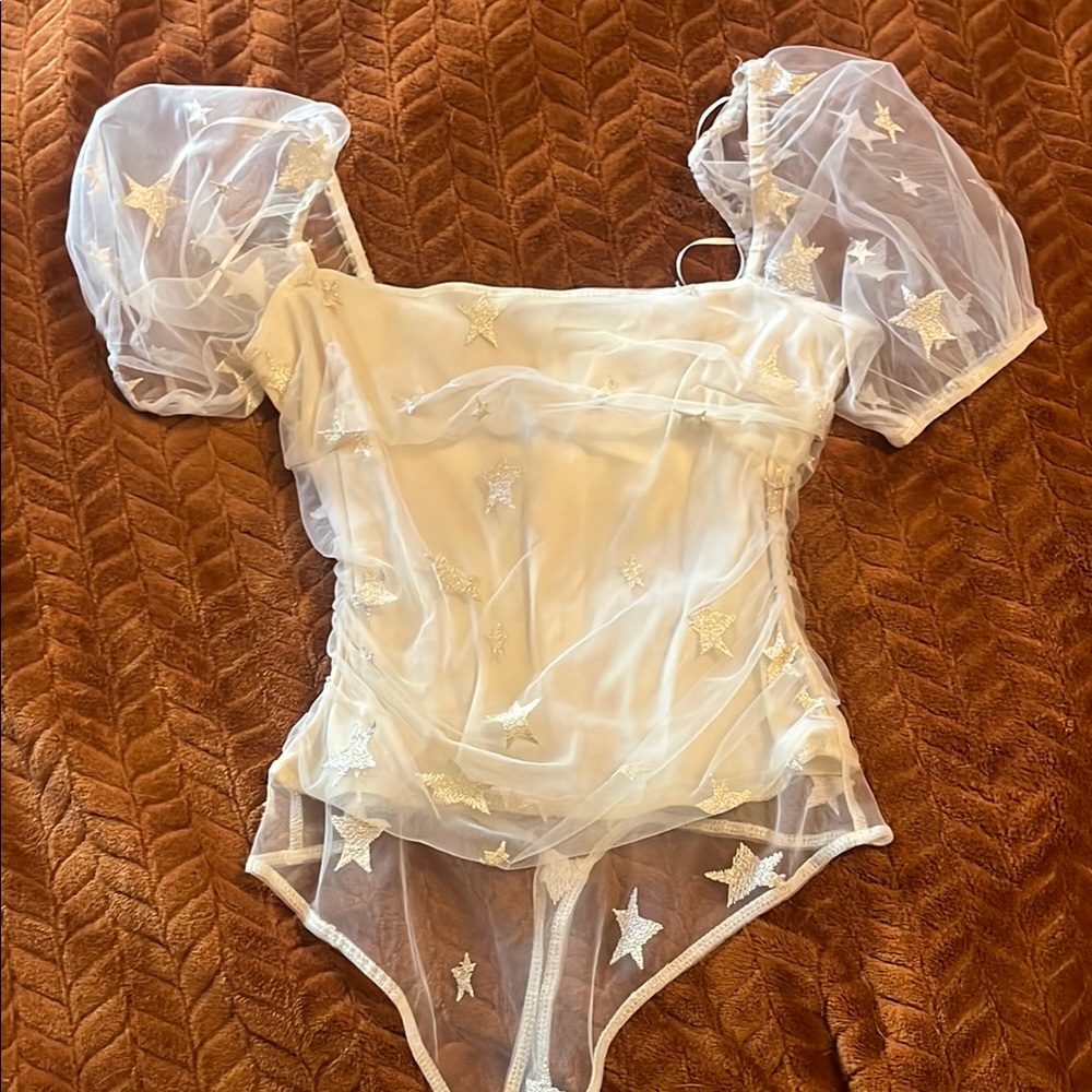 Le Lis Sheer White Bodysuit with Star Accents